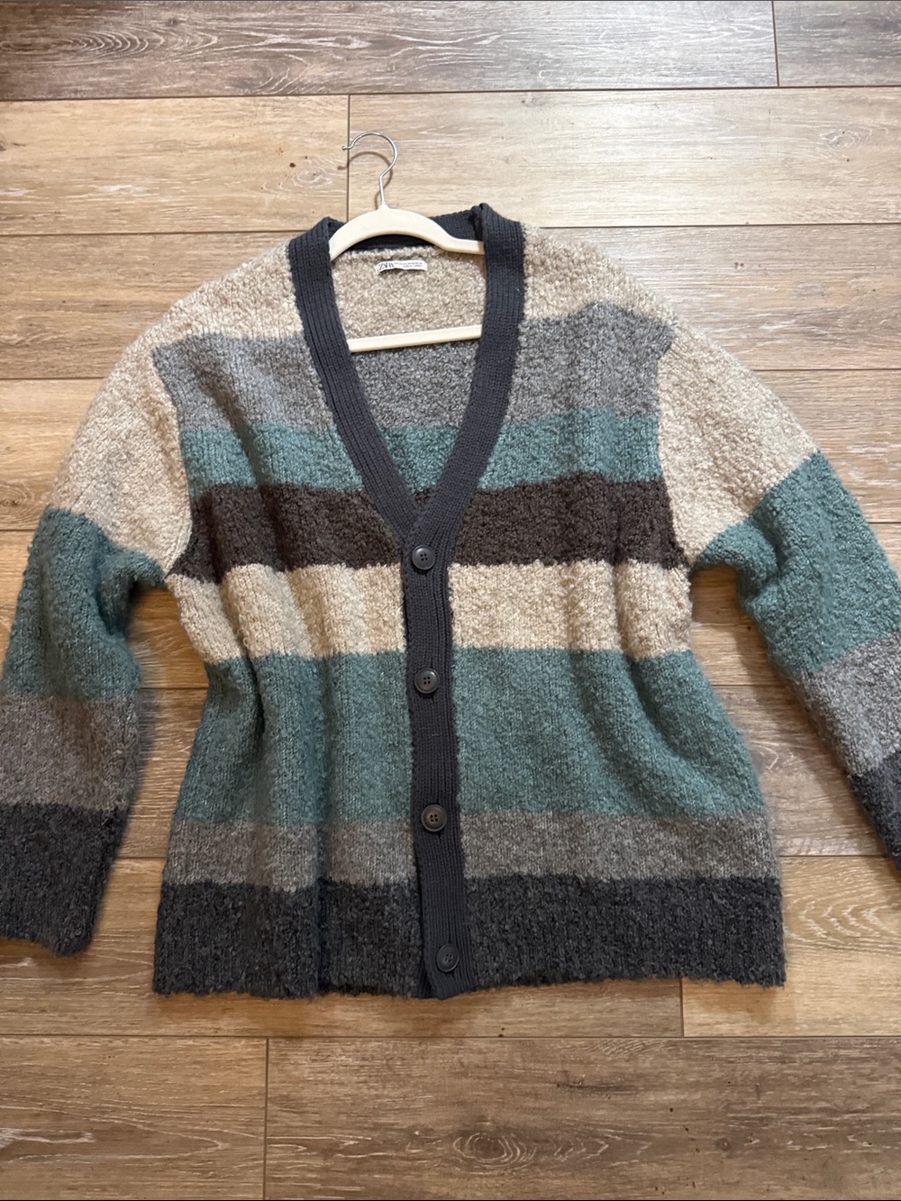 Zara fuzzy warm cozy striped long button up boucle sweater sz XL